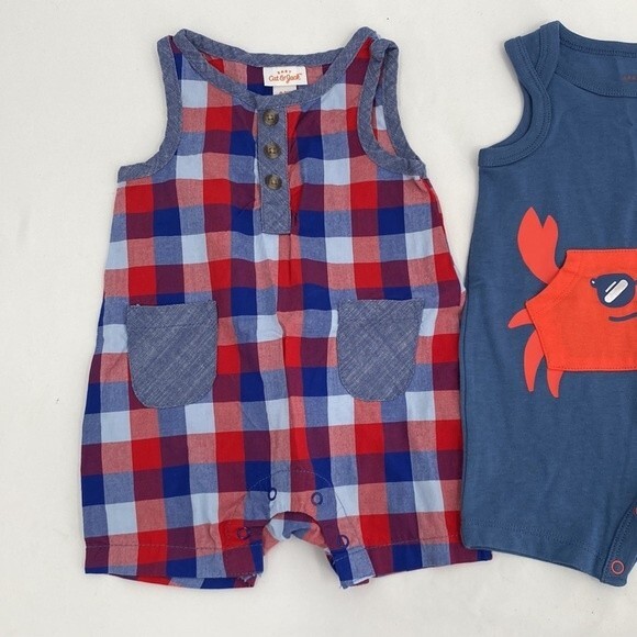 Baby Cat & Jack 0-3 months lot of 2 Blue Plaid Crab Shorts Romper Jumpsuit New - Picture 2 of 8